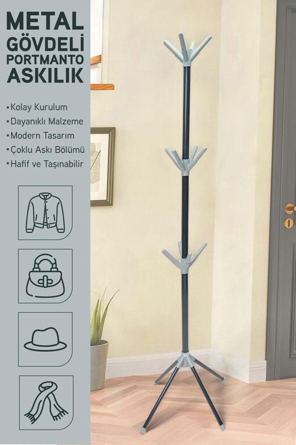 İronika Modern Portatif Elbise Askısı Ayaklı Portmanto Askı Vestiyer Askılık - Gri - Image 1