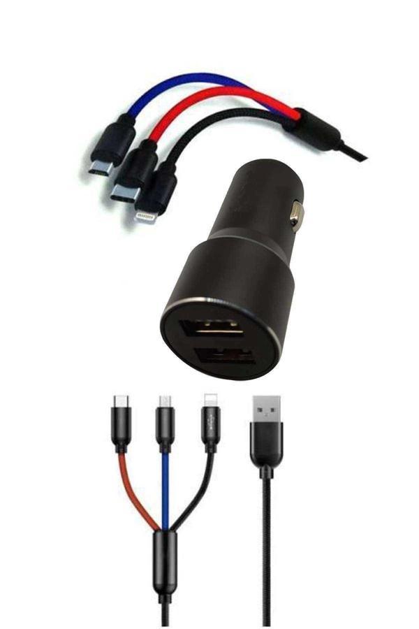 Çoklu Hızlı Şarj Kablosu ve Seyahat Araç Şarj Soketi Type-C Mikro İphone Uyumlu 1.2 Metre 3A - Image 1