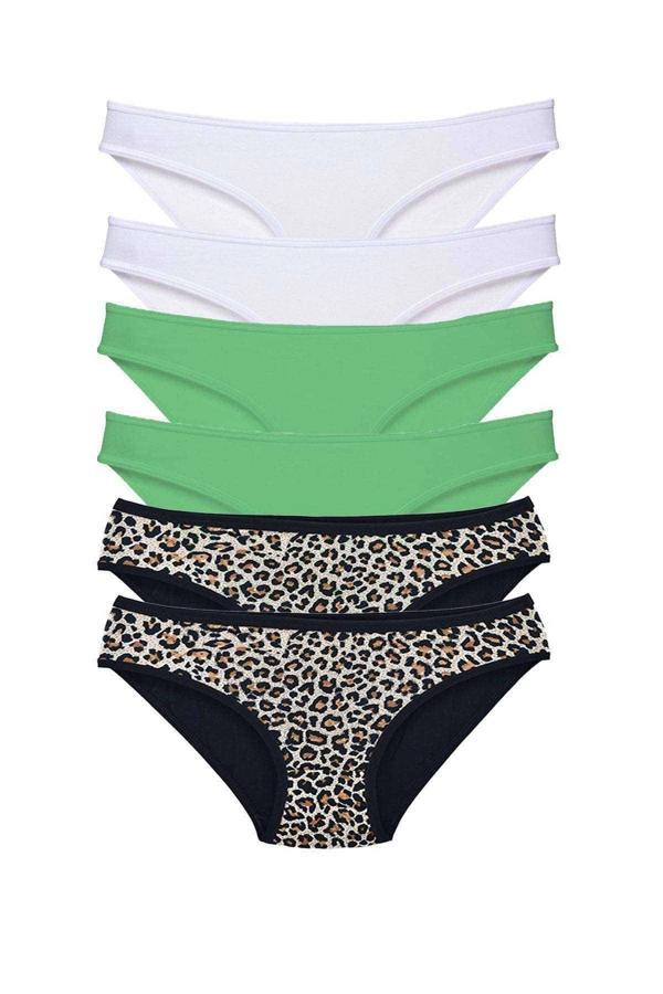 6 Adet Likralı Kadın Slip Külot Leopar Beyaz Yeşil - Image 1