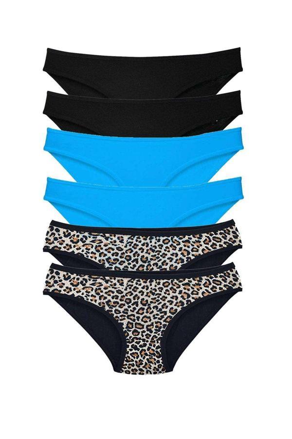 6 Adet Likralı Kadın Slip Külot Leopar Siyah Mavi - Image 1
