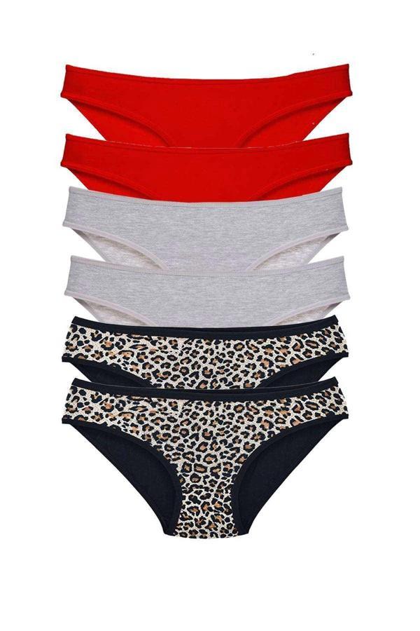 6 Adet Likralı Kadın Slip Külot Leopar Kırmızı Gri - Image 1