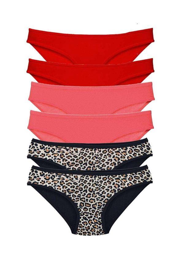6 Adet Likralı Kadın Slip Külot Leopar Kırmızı Fuşya - Image 1