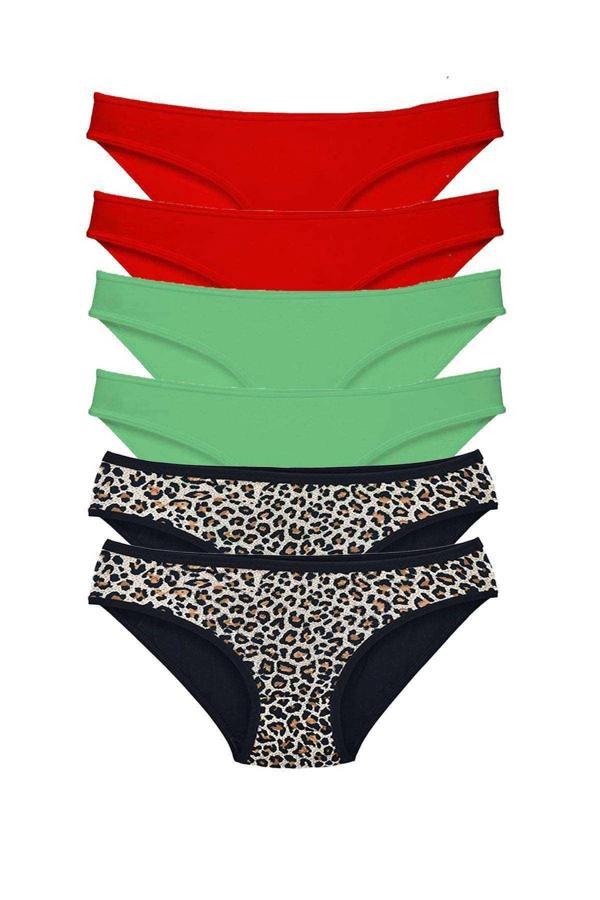 6 Adet Likralı Kadın Slip Külot Leopar Kırmızı Yeşil - Image 1