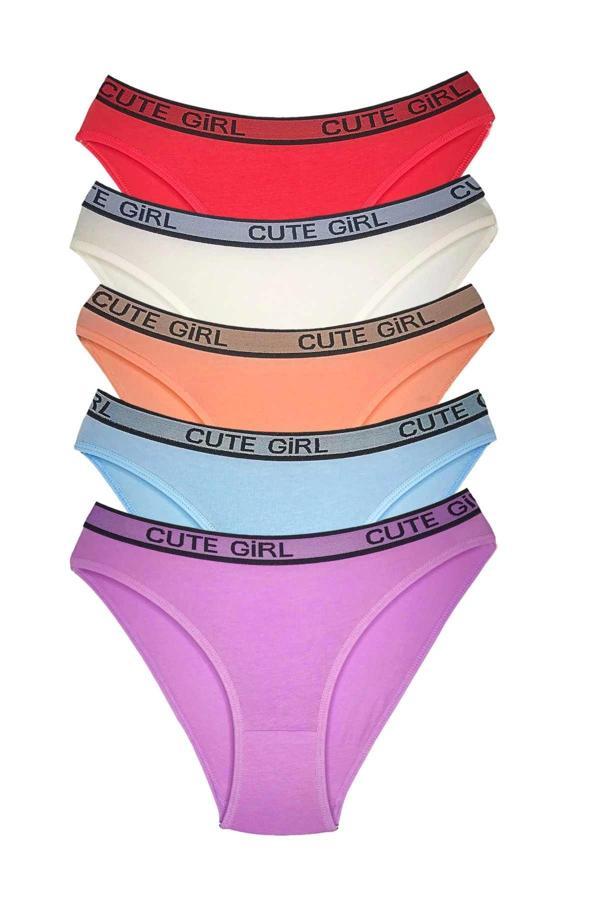 5 Adet Beli Yazılı Pamuklu Kalın Lastik Kadın Slip Külot - Image 1