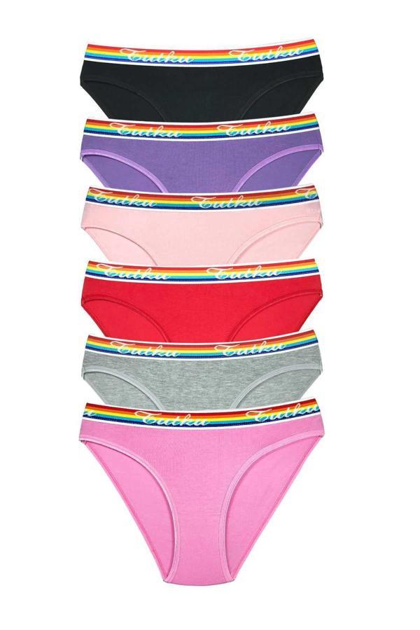 6 Adet Beli Renkli Lastik Pamuklu Kadın Slip Tutku Külot - Image 1