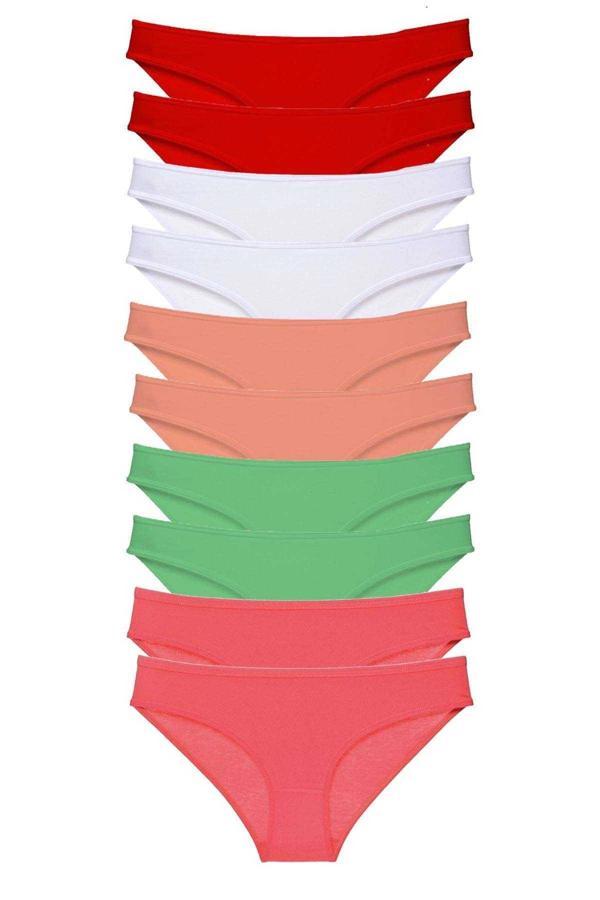 10 adet Süper Eko Set Likralı Kadın Slip Külot Kırmızı Beyaz Pudra Yeşil Fuşya - Image 1