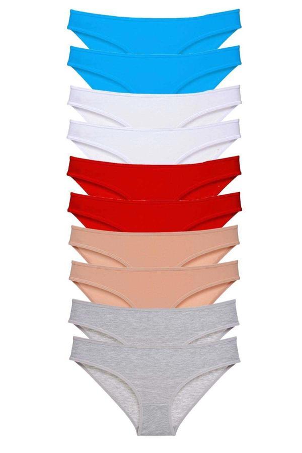 10 adet Süper Eko Set Likralı Kadın Slip Kırmızı Ten Gri Beyaz Mavi - Image 1