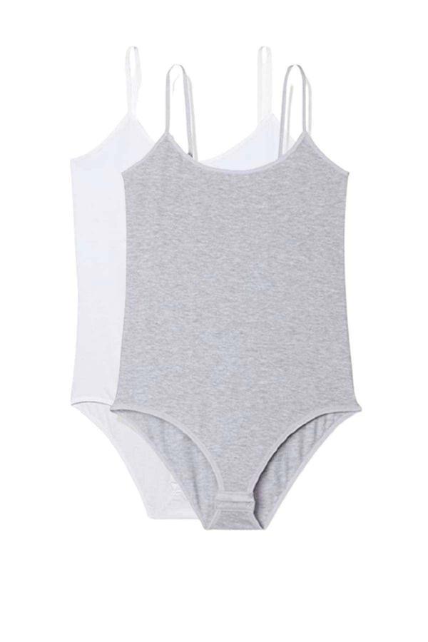 2 Adet İp Askılı Kadın Çıtçıtlı Body Beyaz ve Gri - Image 1