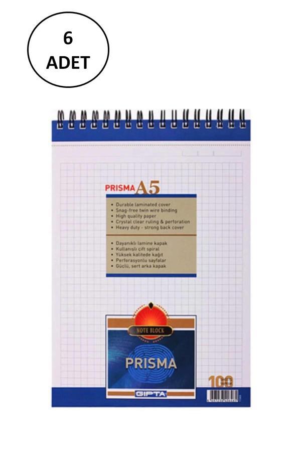 Gıpta A5 Bloknot Prisma Spiralli Karton Kapak Kareli 100 Yaprak 6 Adet - Image 1