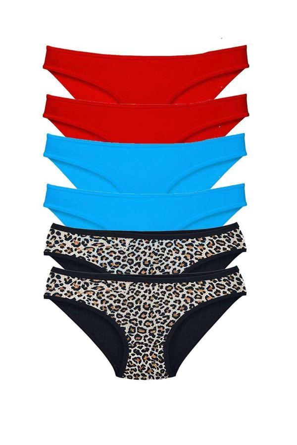 6 Adet Likralı Kadın Slip Külot Leopar Kırmızı Mavi - Image 1