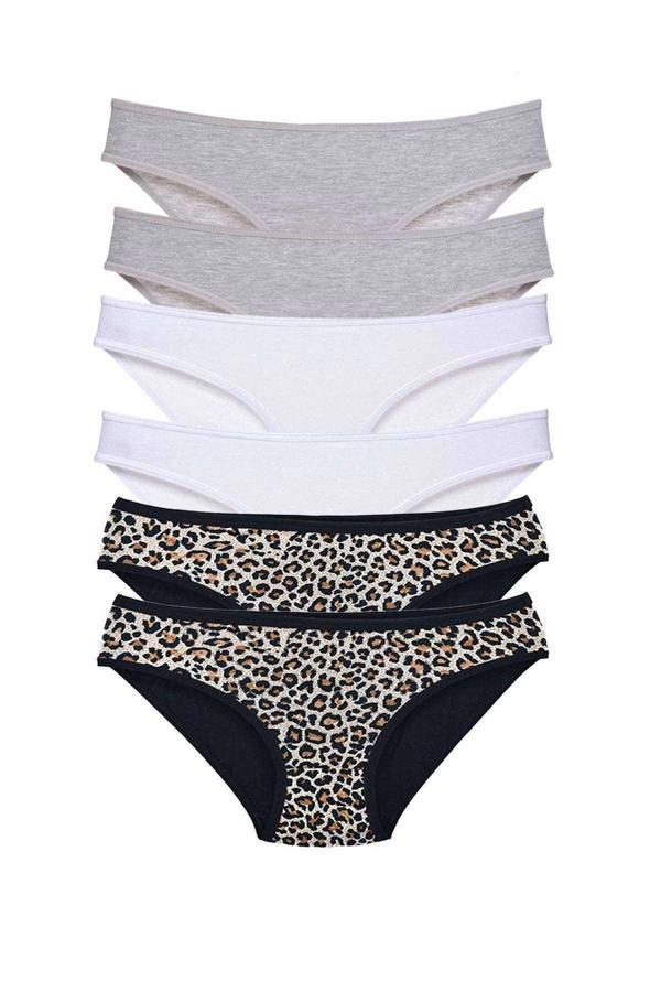 6 Adet Likralı Kadın Slip Külot Leopar Gri Beyaz - Image 1