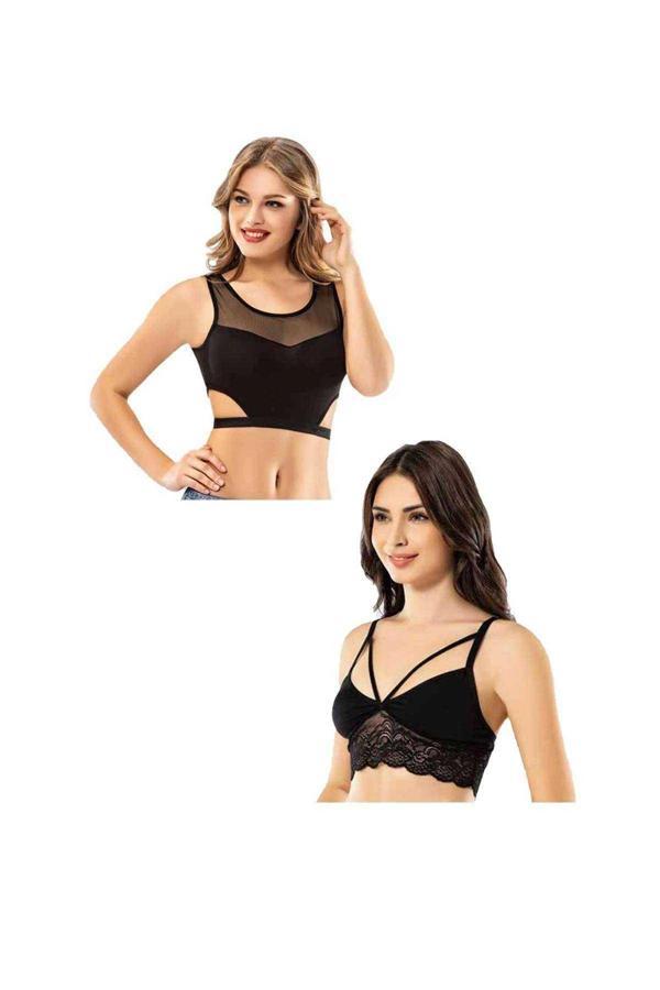 Kota 2 Adet Siyah Tül Modelli Dantelli Büstiyer - Image 1