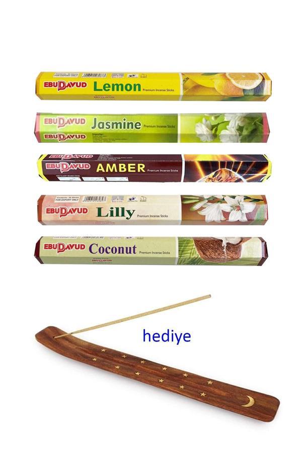 5 Paket 20 Çubuklu Tütsü Lemon - Amber - Lilly- Jasmine - Coconut - Kayık Hediyeli - Image 1