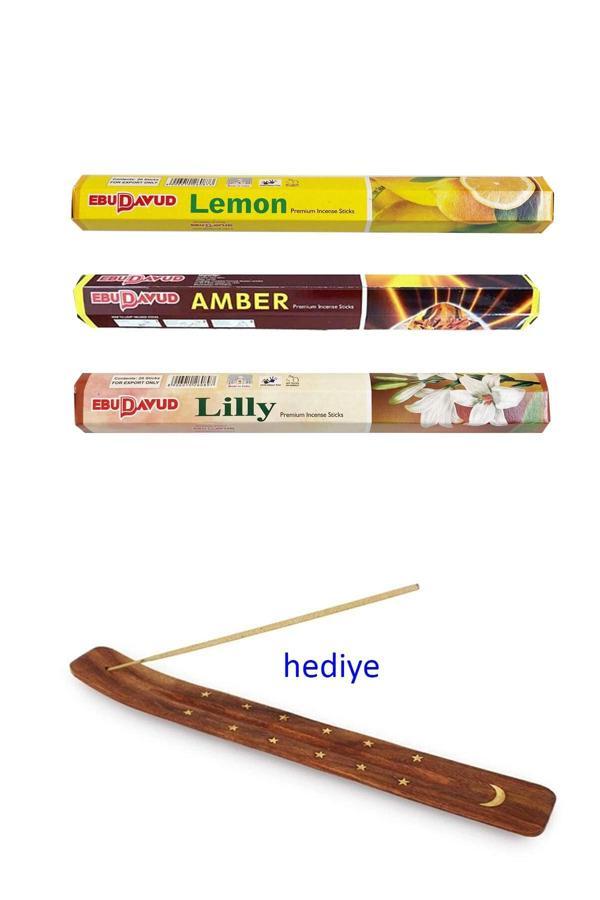 3 Paket 20 Çubuklu Tütsü Limon - Amber - Lilly - Kayık Hediyeli - Image 1