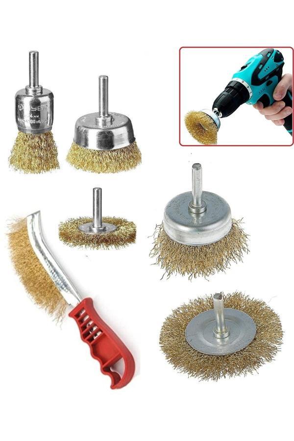 Depolife 6 Parça Pimli Matkap Için Tel Fırça Seti Saplı Çelik Tel Fırça Seti Silindir Konik Set - Image 1