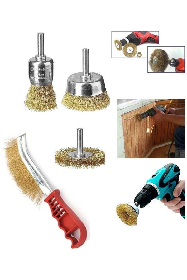 Depolife 4 Parça Pimli Matkap Için Tel Fırça Seti Saplı Çelik Tel Fırça Silindir Konik Set - Image 1