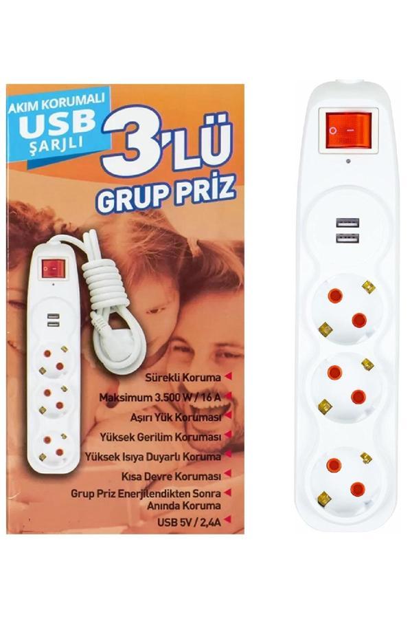 Depolife Üçlü Grup Priz Çocuk Akım Korumalı 2'Li Usb'Li 1,5 Mt Uzatma Kablolu Anahtarlı - Image 1