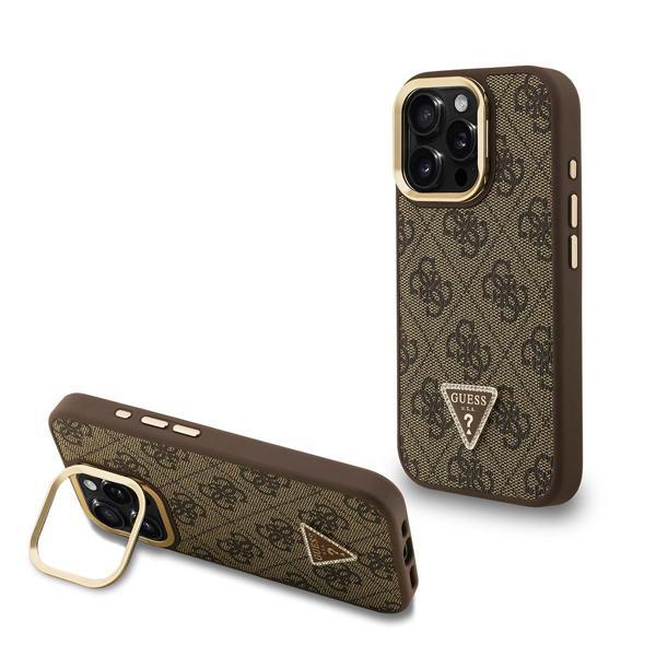 Guess İphone 16 Uyumlu Kılıf Lisanslı Pu Deri Taşlı Üçgen Logo 4G Desenli Kamera Standlı Kahverengi - Image 1