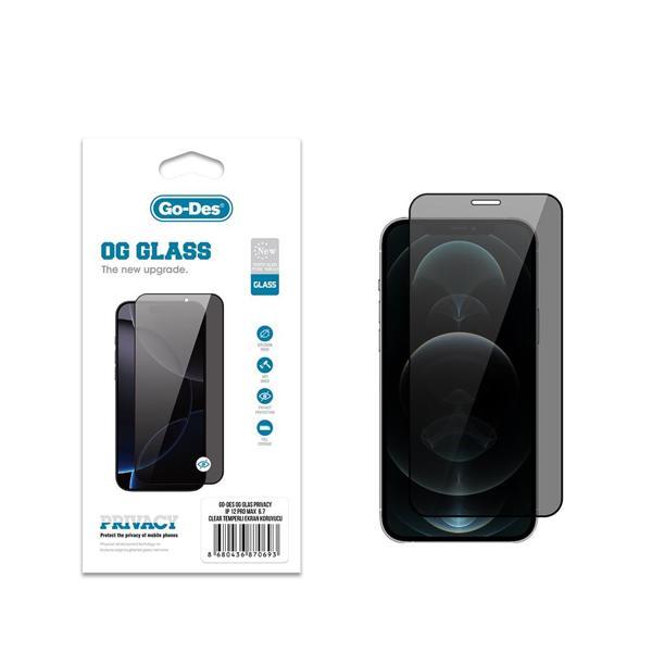 Go-Des İphone 12 Pro Max Uyumlu Go Des Og Glass Privacy Antistatik Temperli Cam Ekran Koruyucu Siyah - Image 1