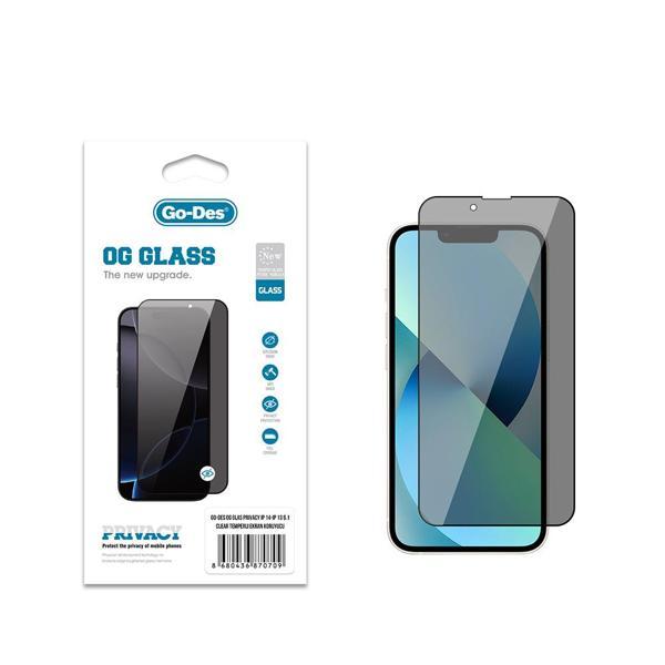Go-Des İphone 14 Uyumlu Go Des Og Glass Privacy Antistatik Temperli Cam Ekran Koruyucu Siyah - Image 1