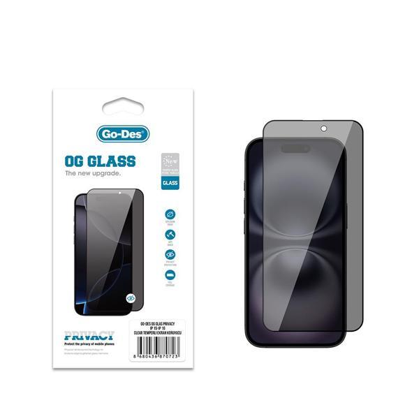 Go-Des İphone 16 Uyumlu Go Des Og Glass Privacy Antistatik Temperli Cam Ekran Koruyucu Siyah - Image 1