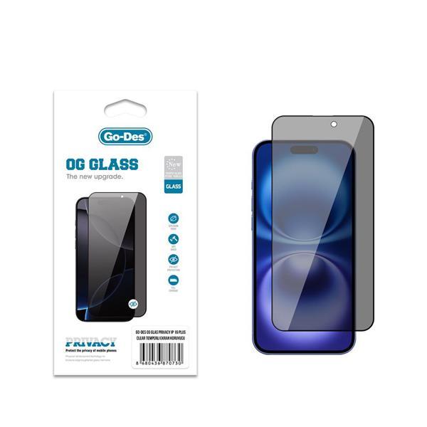 Go-Des İphone 16 Plus Uyumlu Go Des Og Glass Privacy Antistatik Temperli Cam Ekran Koruyucu Siyah - Image 1