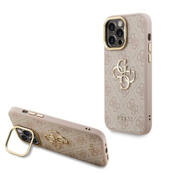 Guess İphone 13 Pro Max Uyumlu Kılıf Lisanslı Metal 4G Ve Yazı Logolu Kamera Standlı Kapak Pembe - Image 1