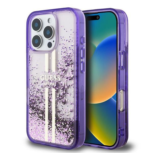 Guess İphone 16 Pro Kılıf Orjinal Lisanslı Transparan Sıvılı Simli Altın Çizgili Kapak Mor - Image 1