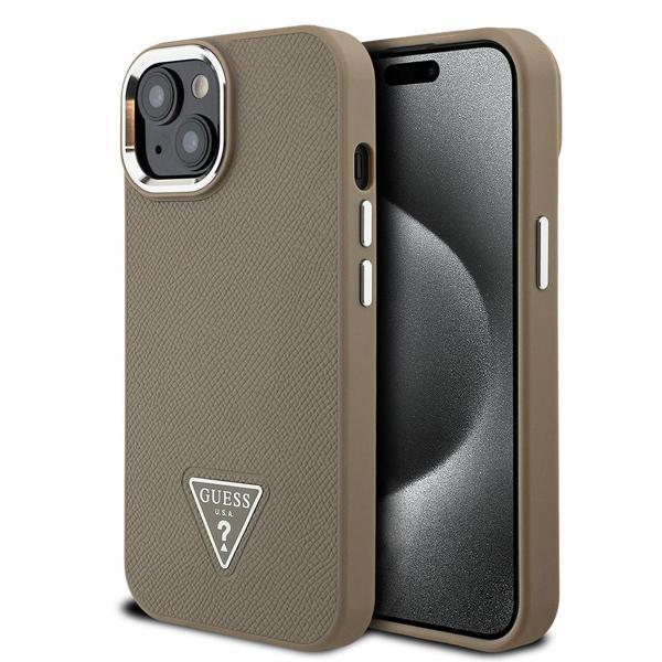 Guess İphone 14 Kılıf Orjinal Lisanslı M-Safe Şarj Özellikli Grained Triangle Kapak Kahverengi - Image 1