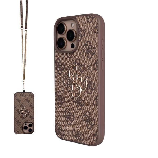 Guess İphone 16 Pro Max Uyumlu Kılıf Lisanslı 4G Büyük Metal Logolu Askılı Kapak Kahverengi - Image 1