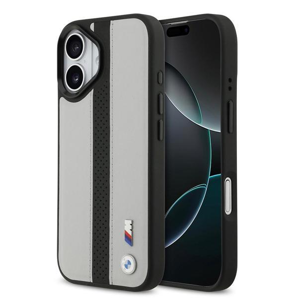 Bmw İphone 17 Uyumlu Kılıf Lisanslı M-Safe Şarjlı Deri Metal Logolu Delikli Şerit Kapak Gri - Image 1