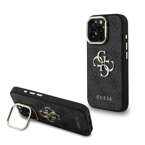 Guess İphone 16 Pro Max Uyumlu Kılıf Lisanslı Metal 4G Ve Yazı Logolu Kamera Standlı Kapak Siyah - Image 1