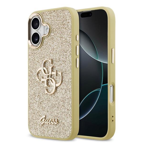 Guess İphone 17 Uyumlu Kılıf Lisanslı 4G Büyük Metal Kamera Çerçeveli Ve Logolu Glitter Kapak Gold - Image 1