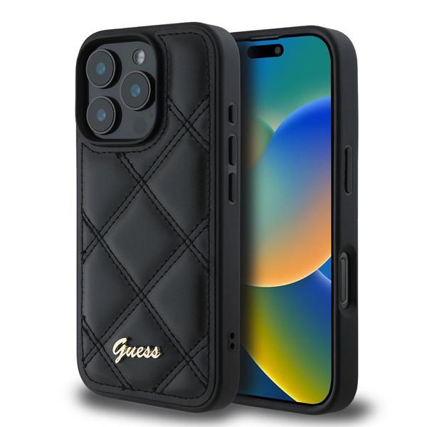Guess İphone 16 Pro Max Uyumlu Kılıf Orjinal Lisanslı Pu Deri Metal Yazı Logolu Kapitone Kapak Siyah - Image 1