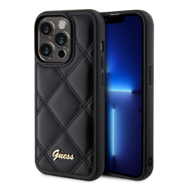 Guess İphone 14 Pro Max Uyumlu Kılıf Orjinal Lisanslı Pu Deri Metal Yazı Logolu Kapitone Kapak Siyah - Image 1