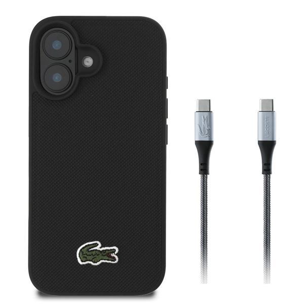 Lacoste İphone 16 Uyumlu Kılıf Lisanslı Pu Pike Desenli Timsah Logolu Ve Type-C Kablo 1.5M Siyah - Image 1