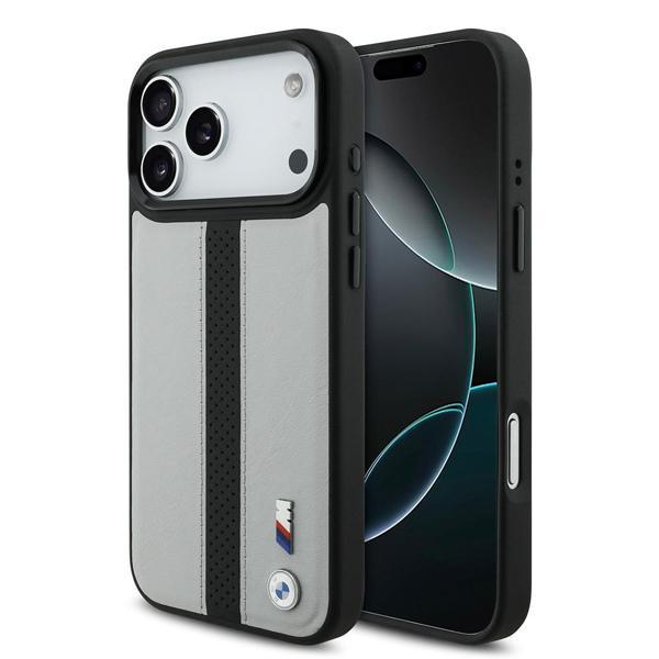 Bmw İphone 17 Pro Max Uyumlu Kılıf Lisanslı M-Safe Şarjlı Deri Metal Logolu Delikli Şerit Kapak Gri - Image 1
