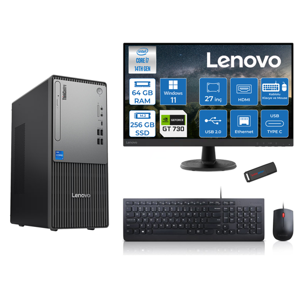 Lenovo Thinkcentre Neo 50T Gen5 Intel Core I7 14700 64GB Ddr5 256GB SSD 27 Inç Monitör Windows 11 Home Nvidia GT730 4gb Masaüstü Bilgisayar 7302712UAS0GL00H21 + Zetta Flash Bellek - Image 1
