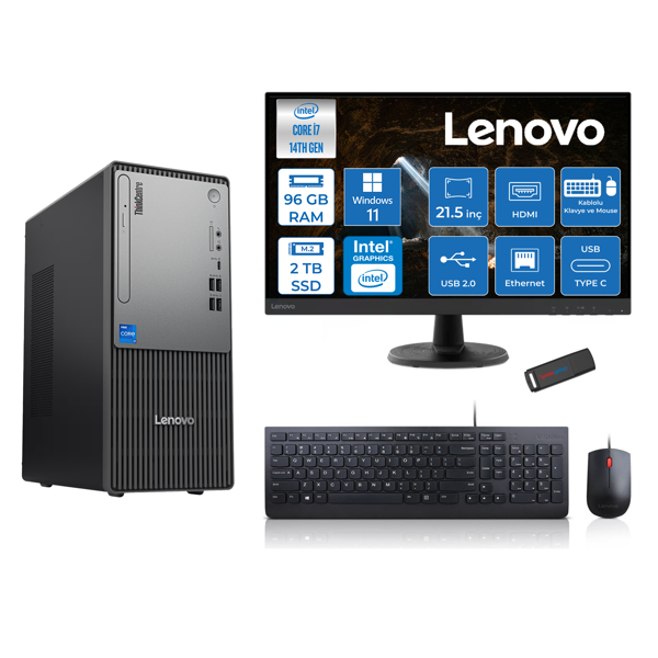 Lenovo Thinkcentre Neo 50T Gen5 Intel Core I7 14700 96GB Ddr5 2tb SSD 21.5 Inç Monitör Windows 11 Home Intel UHD 770 Masaüstü Bilgisayar 2112UAS0GL00H29 + Zetta Flash Bellek - Image 1