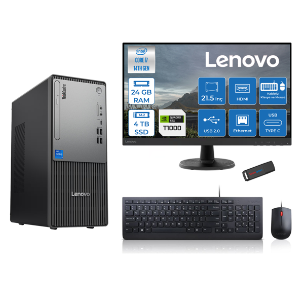 Lenovo Thinkcentre Neo 50T Gen5 Intel Core I7 14700 24GB Ddr5 4tb SSD 21.5 Inç Monitör Freedos Quadro T1000 4gb Masaüstü Bilgisayar 10002112UAS0GL00F10 + Zetta Flash Bellek - Image 1