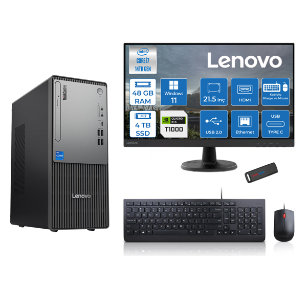 Lenovo Thinkcentre Neo 50T Gen5 Intel Core I7 14700 48GB Ddr5 4tb SSD 21.5 Inç Monitör Windows 11 Pro Quadro T1000 4gb Masaüstü Bilgisayar 10002112UAS0GL00P20 + Zetta Flash Bellek - Image 1