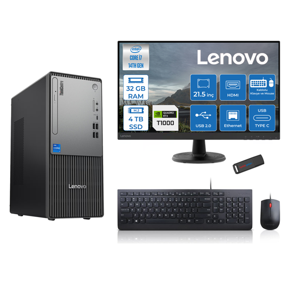 Lenovo Thinkcentre Neo 50T Gen5 Intel Core I7 14700 32GB Ddr5 4tb SSD 21.5 Inç Monitör Freedos Quadro T1000 4gb Masaüstü Bilgisayar 10002112UAS0GL00F15 + Zetta Flash Bellek - Image 1