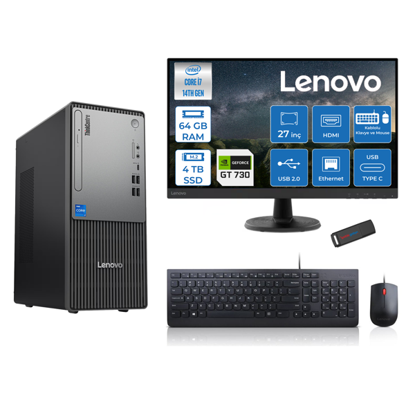 Lenovo Thinkcentre Neo 50T Gen5 Intel Core I7 14700 64GB Ddr5 4tb SSD 27 Inç Monitör Freedos Nvidia GT730 4gb Masaüstü Bilgisayar 7302712UAS0GL00F25 + Zetta Flash Bellek - Image 1