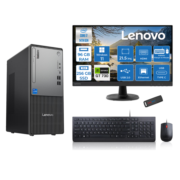 Lenovo Thinkcentre Neo 50T Gen5 Intel Core I7 14700 96GB Ddr5 256GB SSD 21.5 Inç Monitör Windows 11 Home Nvidia GT730 4gb Masaüstü Bilgisayar 7302112UAS0GL00H26 + Zetta Flash Bellek - Image 1