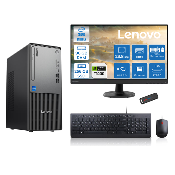 Lenovo Thinkcentre Neo 50T Gen5 Intel Core I7 14700 96GB Ddr5 256GB SSD 23.8 Inç Monitör Freedos Quadro T1000 4gb Masaüstü Bilgisayar 10002412UAS0GL00F26 + Zetta Flash Bellek - Image 1