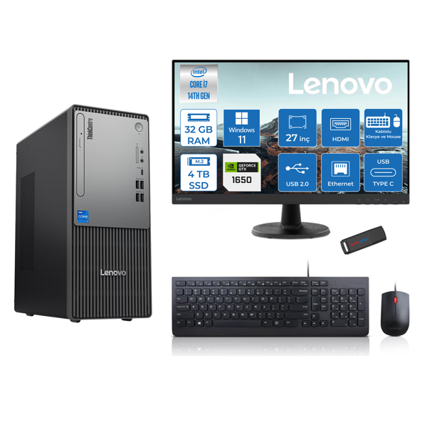 Lenovo Thinkcentre Neo 50T Gen5 Intel Core I7 14700 32GB Ddr5 4tb SSD 27 Inç Monitör Windows 11 Pro Nvidia GTX1650 4gb Masaüstü Bilgisayar 16502712UAS0GL00P15 + Zetta Flash Bellek - Image 1
