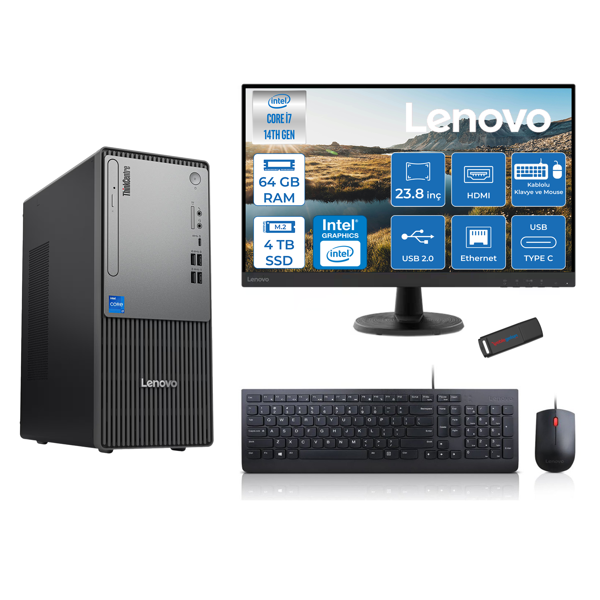 Lenovo Thinkcentre Neo 50T Gen5 Intel Core I7 14700 64GB Ddr5 4tb SSD 23.8 Inç Monitör Freedos Intel UHD 770 Masaüstü Bilgisayar 2412UAS0GL00F25 + Zetta Flash Bellek - Image 1