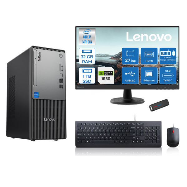 Lenovo Thinkcentre Neo 50T Gen5 Intel Core I7 14700 32GB Ddr5 1tb SSD 27 Inç Monitör Freedos Nvidia GTX1650 4gb Masaüstü Bilgisayar 16502712UAS0GL00F13 + Zetta Flash Bellek - Image 1