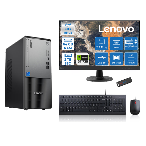 Lenovo Thinkcentre Neo 50T Gen5 Intel Core I7 14700 64GB Ddr5 2tb SSD 23.8 Inç Monitör Freedos Nvidia GT730 4gb Masaüstü Bilgisayar 7302412UAS0GL00F24 + Zetta Flash Bellek - Image 1