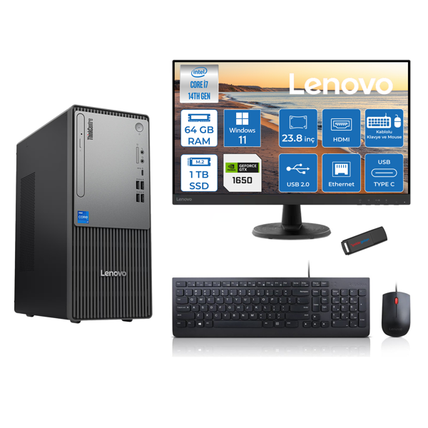 Lenovo Thinkcentre Neo 50T Gen5 Intel Core I7 14700 64GB Ddr5 1tb SSD 23.8 Inç Monitör Windows 11 Pro Nvidia GTX1650 4gb Masaüstü Bilgisayar 16502412UAS0GL00P23 + Zetta Flash Bellek - Image 1